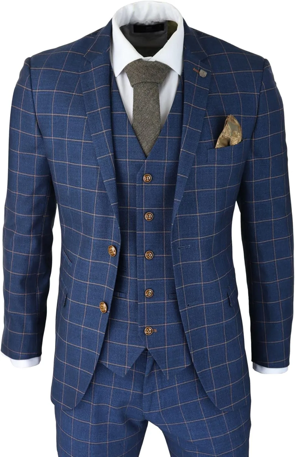 Mens 3 Piece Blue Orange Check Suit Retro Smart Tailored Fit Vintage