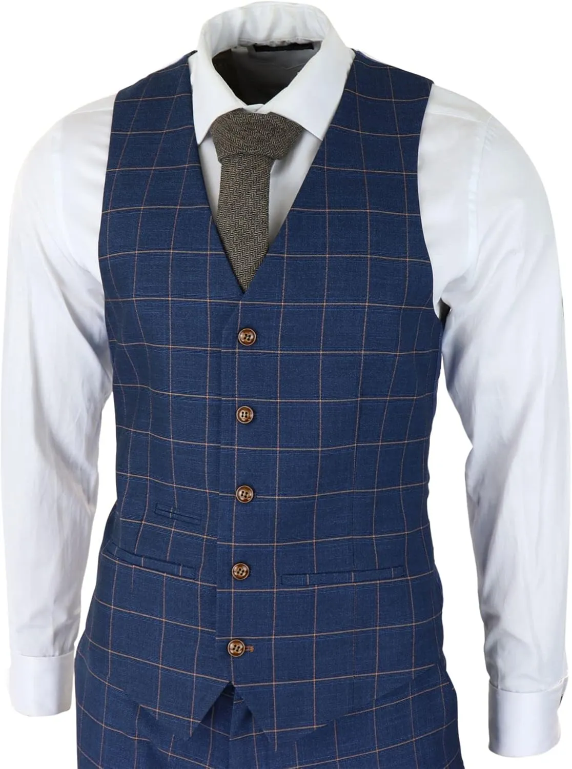 Mens 3 Piece Blue Orange Check Suit Retro Smart Tailored Fit Vintage