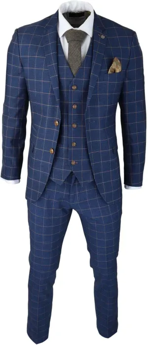 Mens 3 Piece Blue Orange Check Suit Retro Smart Tailored Fit Vintage
