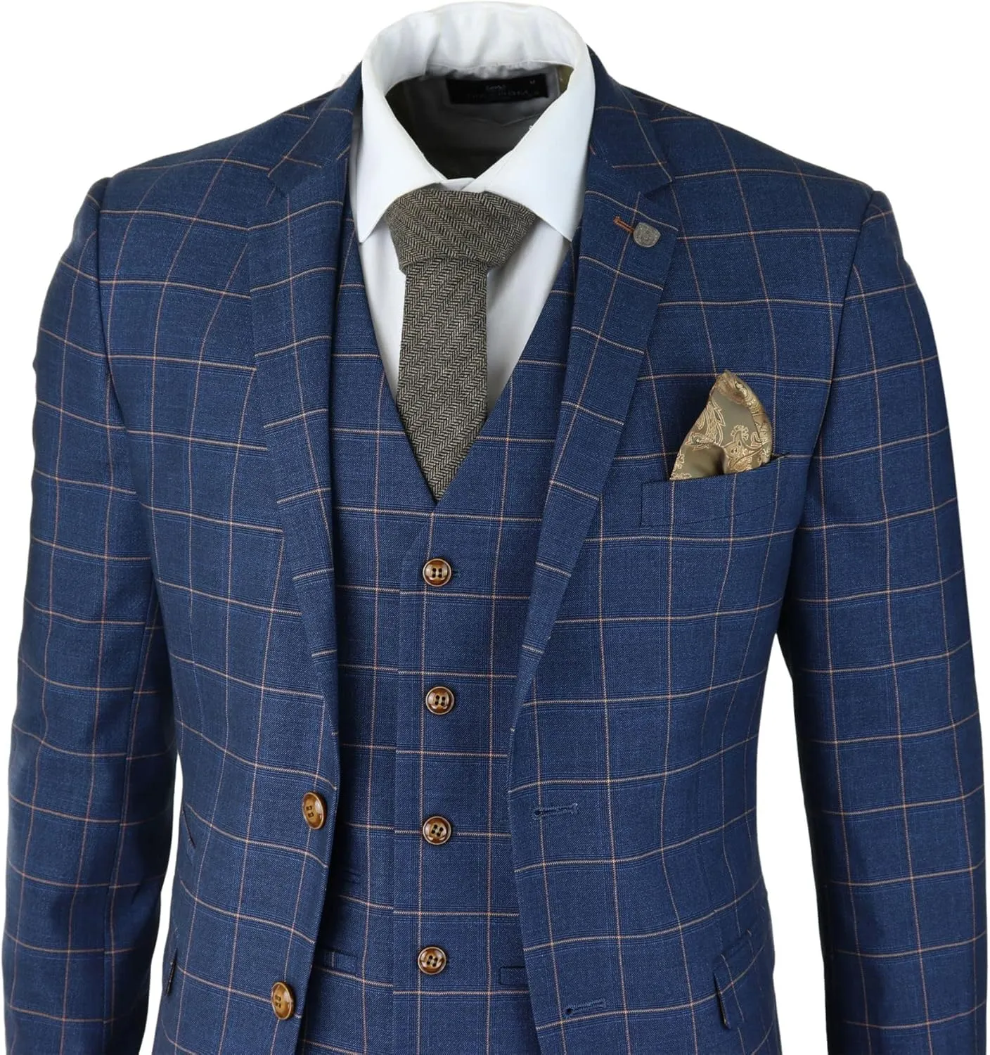 Mens 3 Piece Blue Orange Check Suit Retro Smart Tailored Fit Vintage