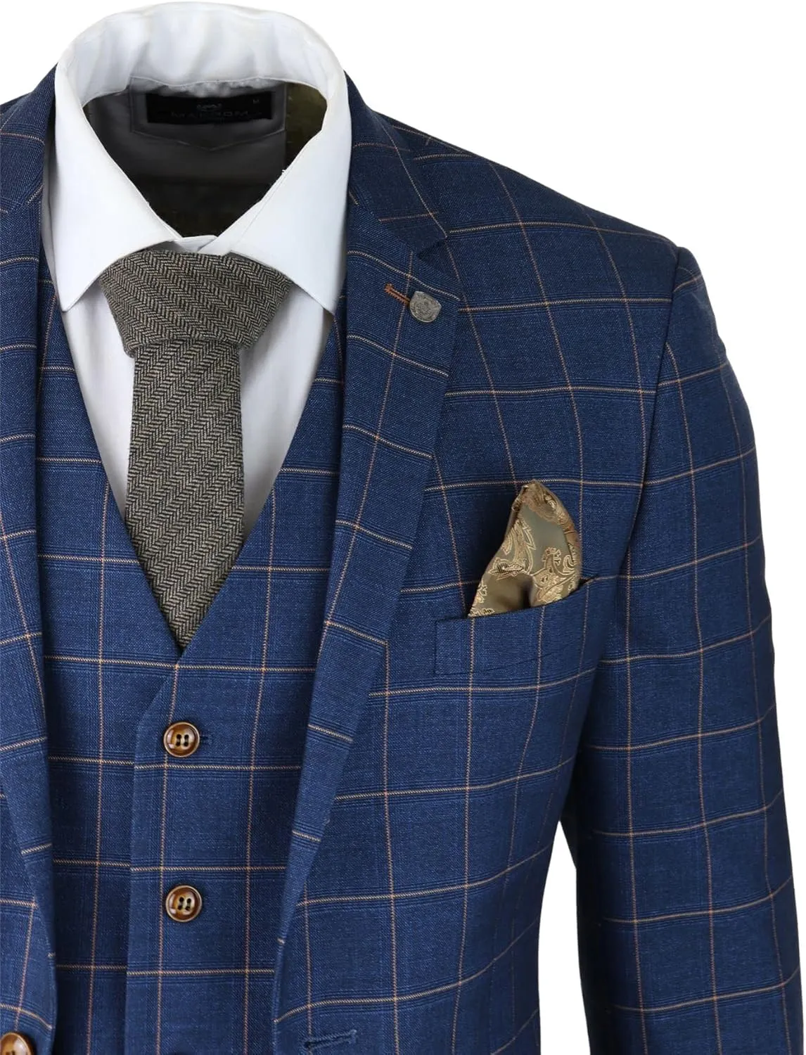 Mens 3 Piece Blue Orange Check Suit Retro Smart Tailored Fit Vintage