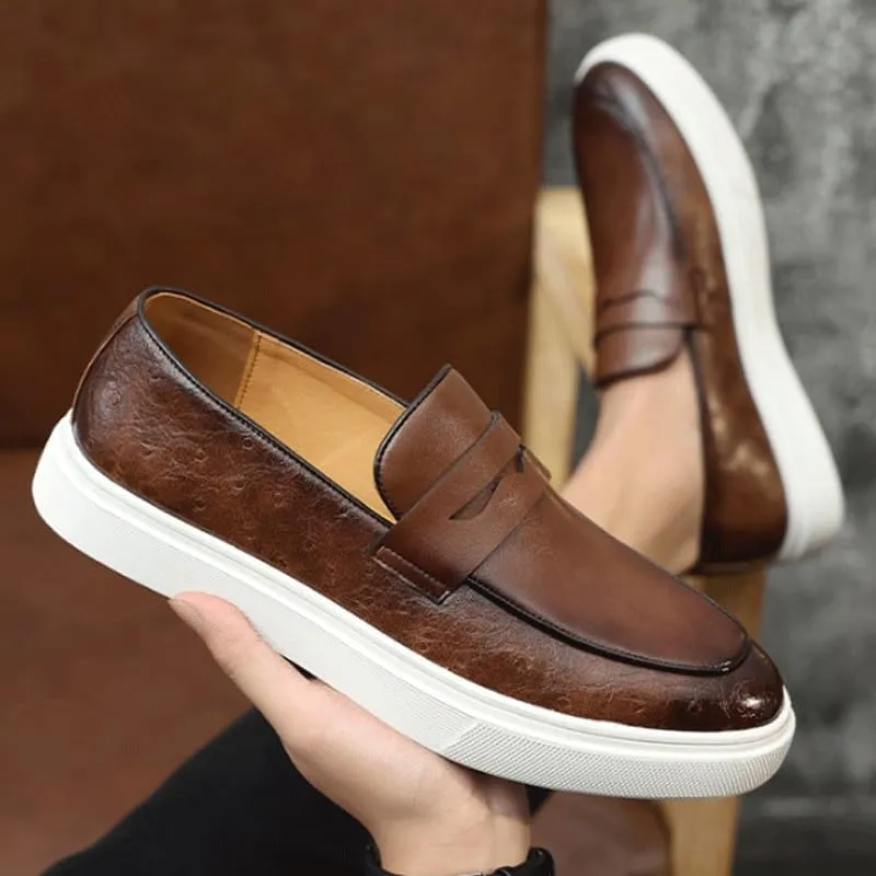 Men's Leather Chunky Platform Penny Loafers with Round Toe Design, Non-Slip Lug Sole for Office, Business, and Casual Wear