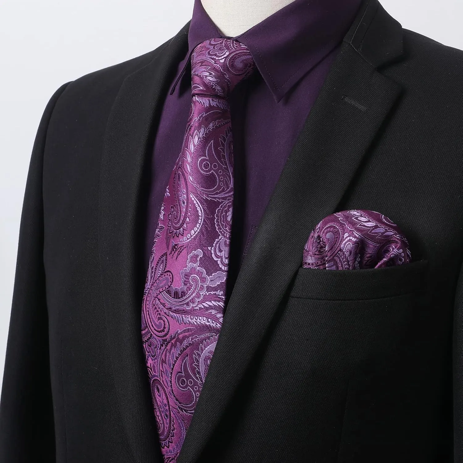 Men's Solid Long Sleeve Dress Shirt with Matching Tie and Handkerchief Set Classic Button Down Formal Business Shirts