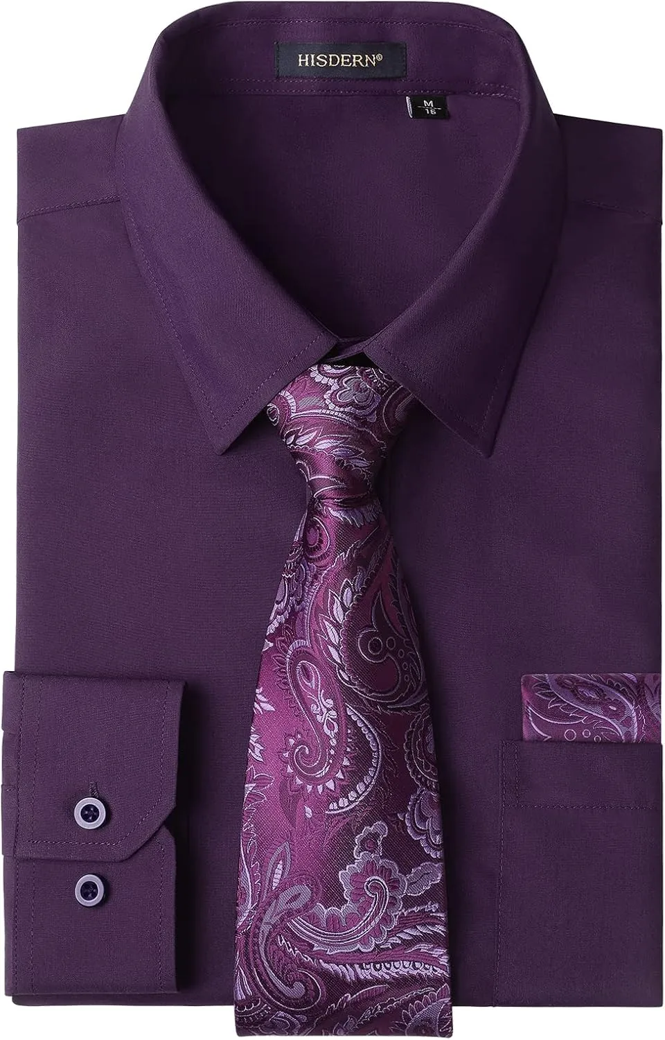 Men's Solid Long Sleeve Dress Shirt with Matching Tie and Handkerchief Set Classic Button Down Formal Business Shirts