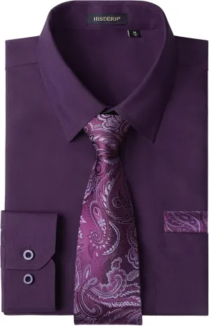 Men's Solid Long Sleeve Dress Shirt with Matching Tie and Handkerchief Set Classic Button Down Formal Business Shirts
