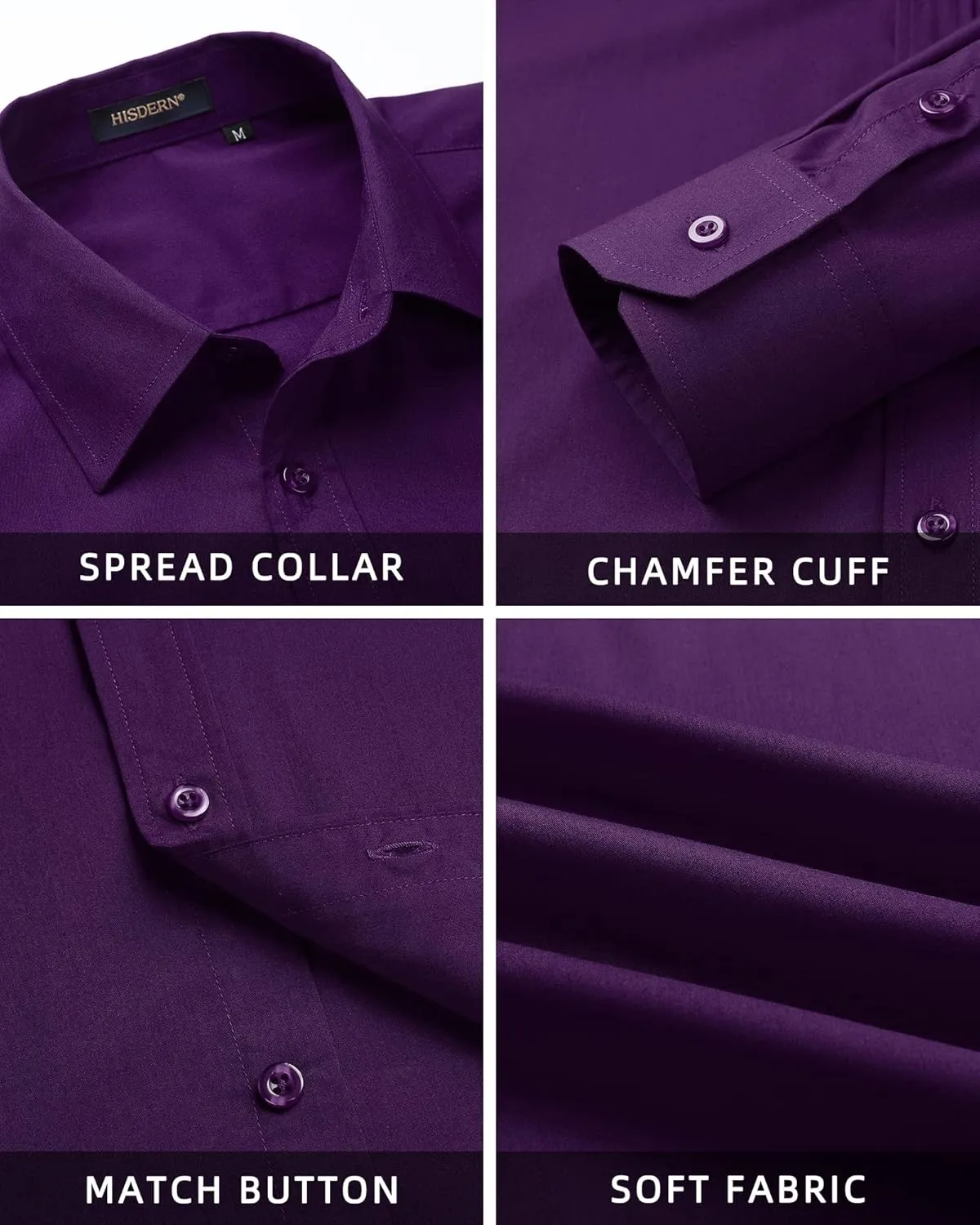 Men's Solid Long Sleeve Dress Shirt with Matching Tie and Handkerchief Set Classic Button Down Formal Business Shirts