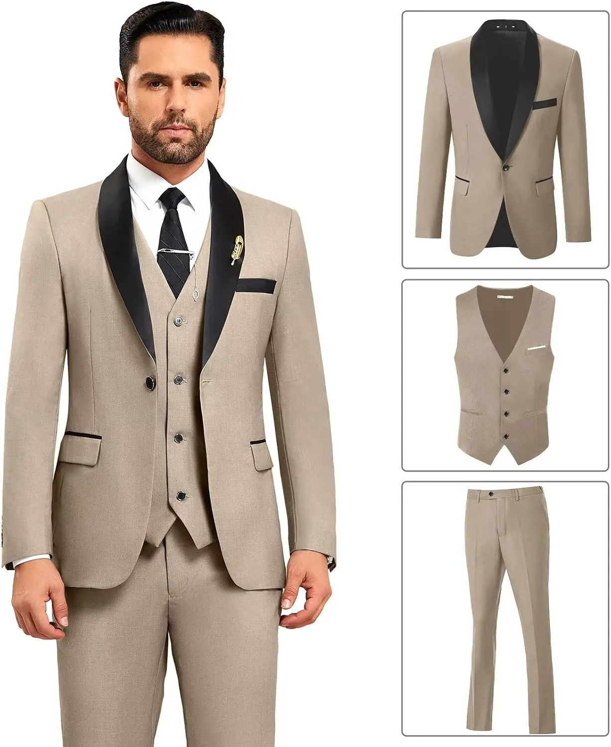 Mens Suit 3 Piece Formal Shawl Lapel Tuxedo for Men Wedding Suits One Button Jacket Vest Pants Set