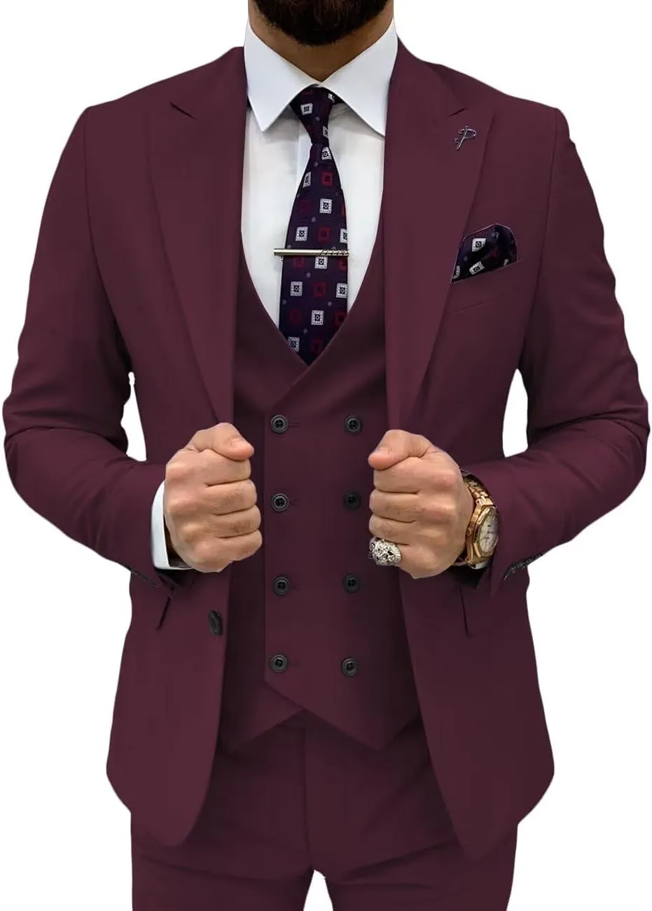 Mens Suit 3 Piece Slim Fit Suits for Men Double Breasted Suit Wedding Prom Suits Formal Business Dinner Tuxedo