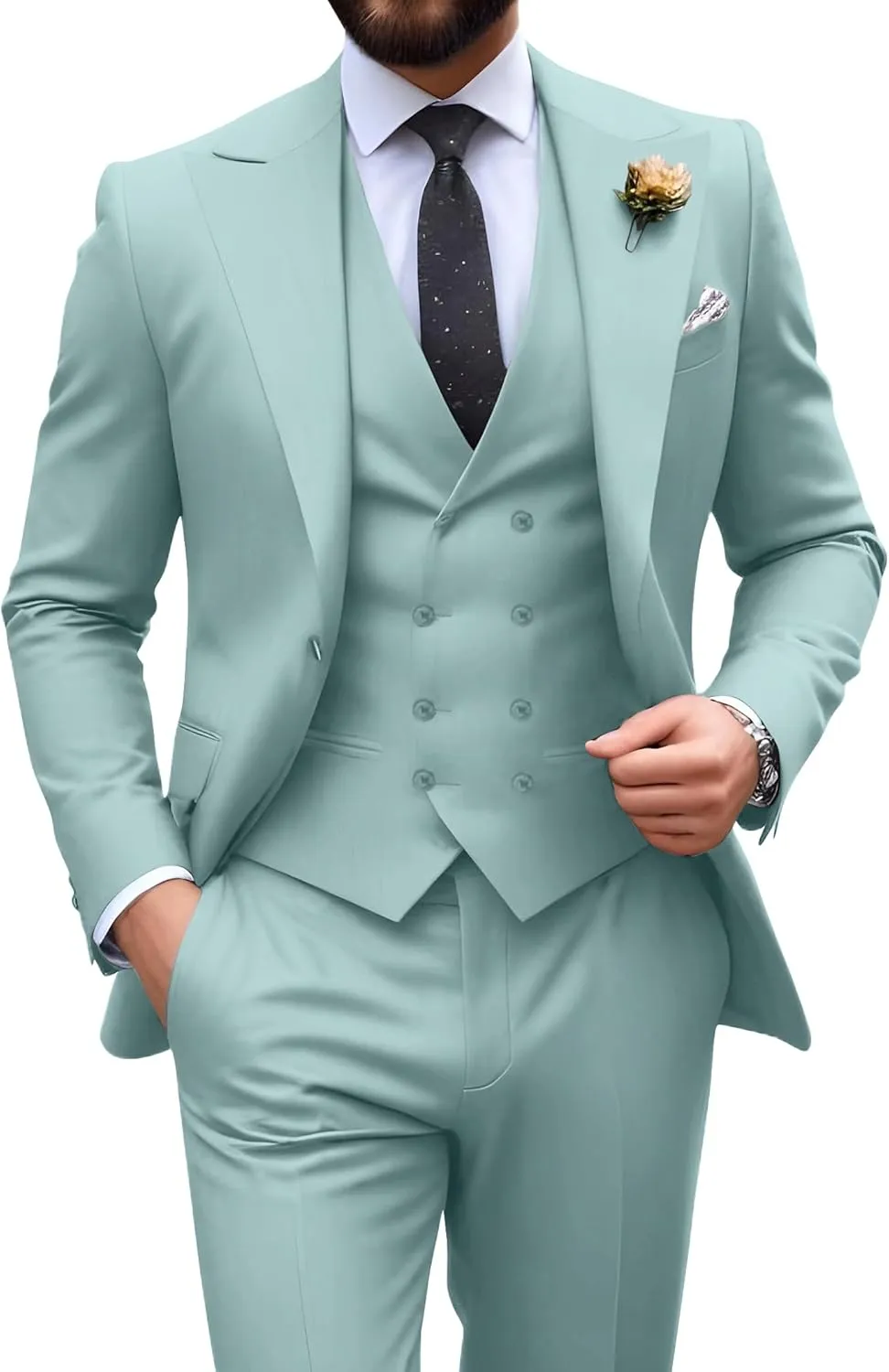 Mens Suit Slim Fit 3 Piece Double Breasted Suit Men Formal Tuxedo Set Casual Wedding Prom Groom Suits
