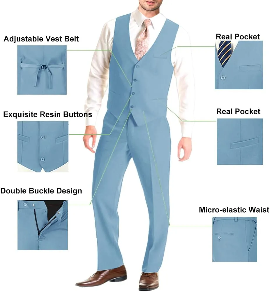 Mens Suit Solid Two Button Slim Fit Suit Set for Wedding Formal Business Suit Men 3 Piece Suit Blazer Vest Pants Set