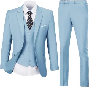 Mens Suit Solid Two Button Slim Fit Suit Set for Wedding Formal Business Suit Men 3 Piece Suit Blazer Vest Pants Set