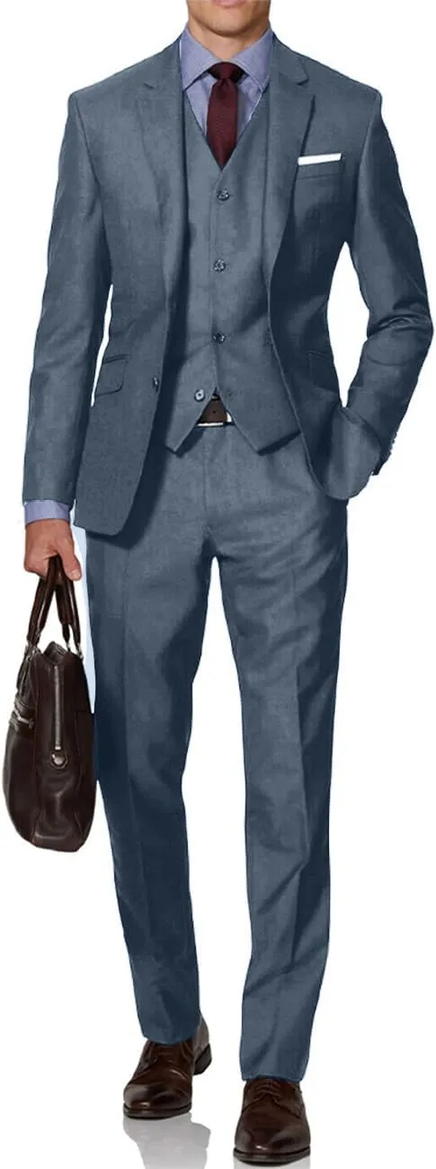 Mens Suit Solid Two Button Slim Fit Suit Set for Wedding Formal Business Suit Men 3 Piece Suit Blazer Vest Pants Set