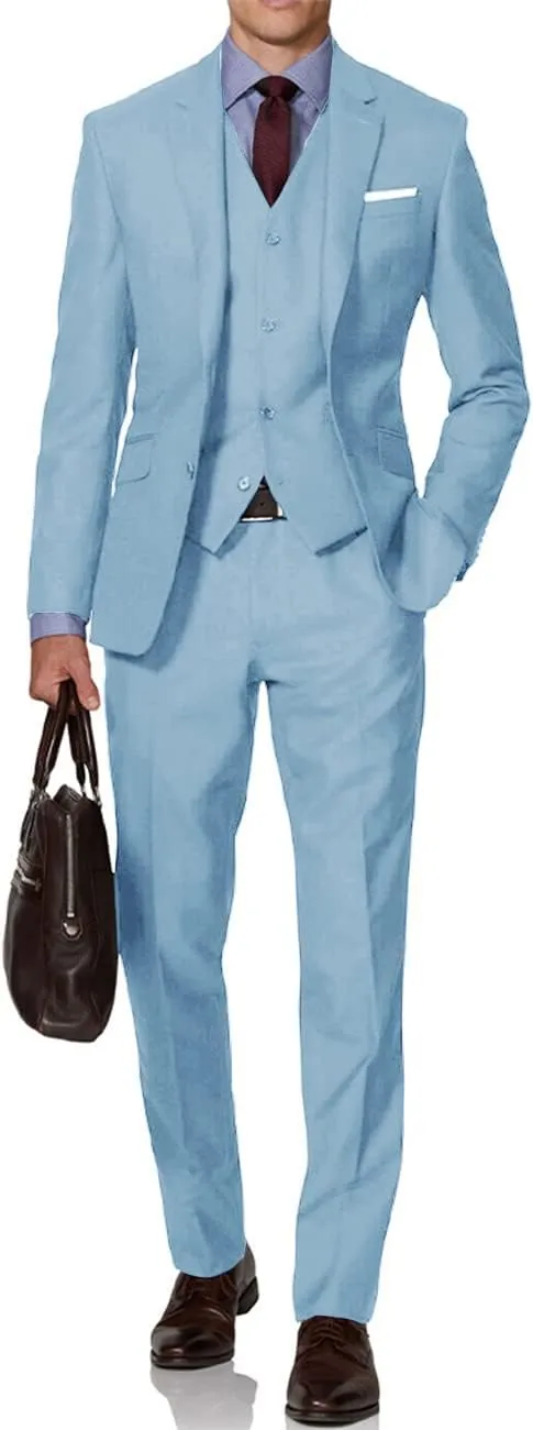 Mens Suit Solid Two Button Slim Fit Suit Set for Wedding Formal Business Suit Men 3 Piece Suit Blazer Vest Pants Set
