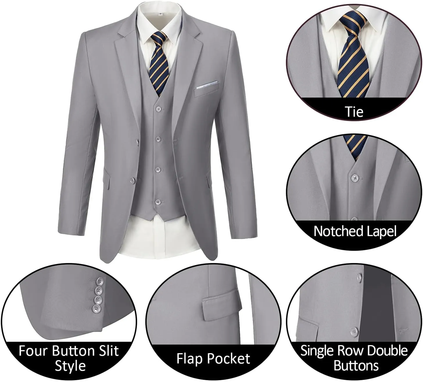 Mens Suits 3 Pieces 2 Button Slim Fit Suit Tuxedo Prom Formal Jacket Blazer Vest Pants with Tie