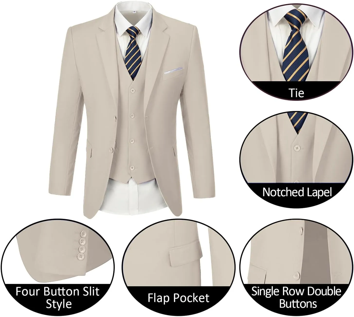 Mens Suits 3 Pieces 2 Button Slim Fit Suit Tuxedo Prom Formal Jacket Blazer Vest Pants with Tie