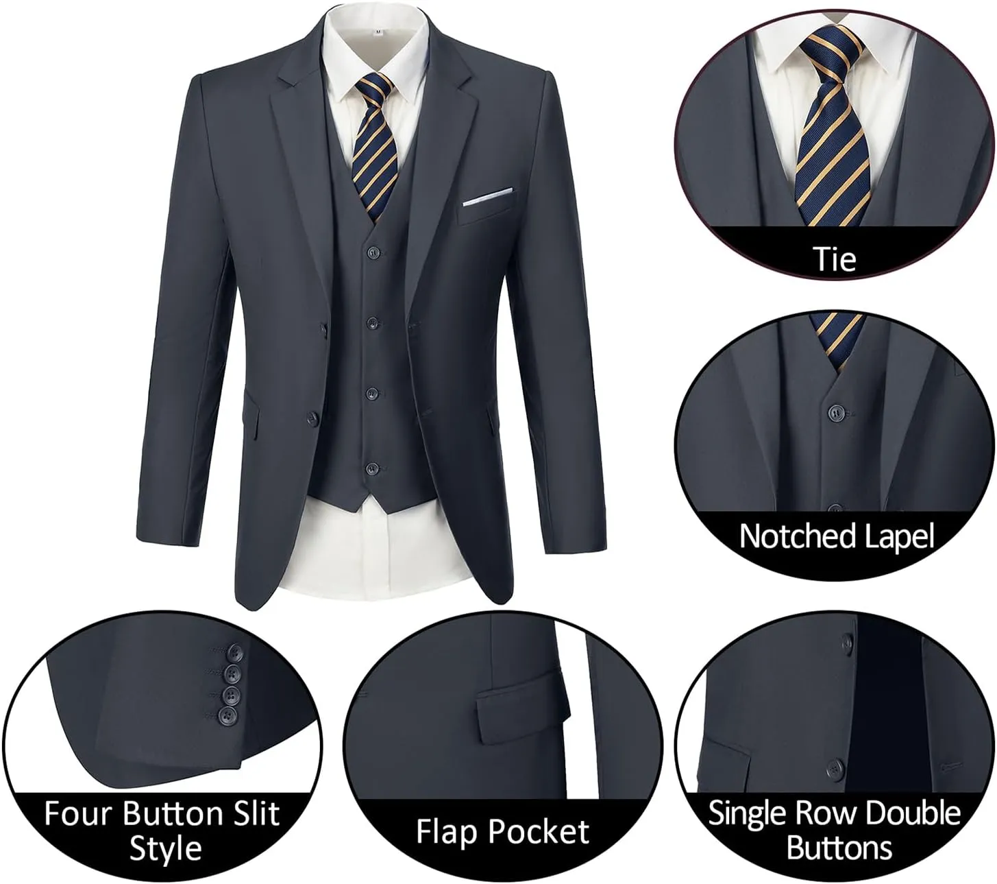 Mens Suits 3 Pieces 2 Button Slim Fit Suit Tuxedo Prom Formal Jacket Blazer Vest Pants with Tie