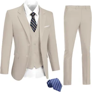Mens Suits 3 Pieces 2 Button Slim Fit Suit Tuxedo Prom Formal Jacket Blazer Vest Pants with Tie