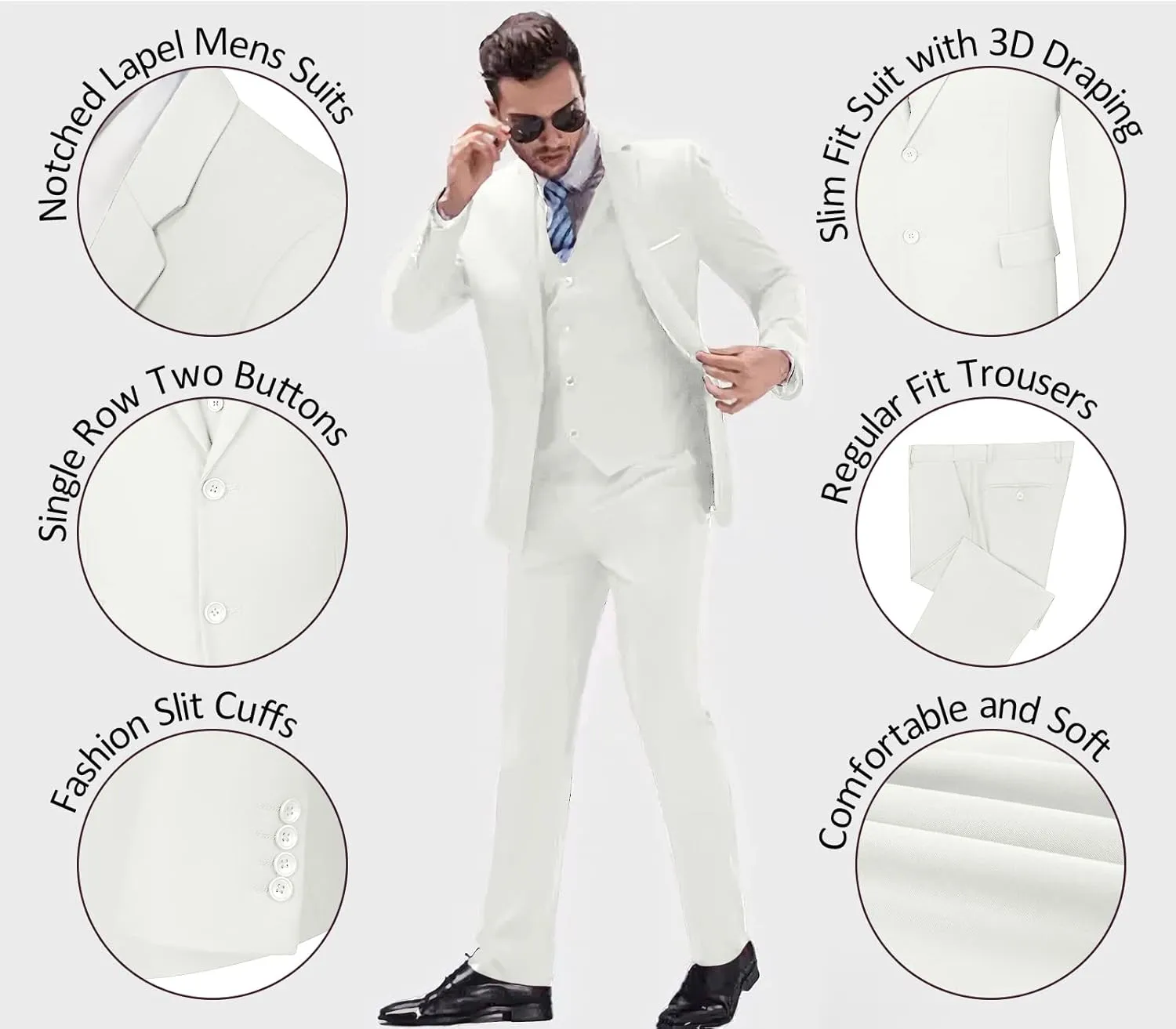 Mens Suits 3 Pieces 2 Button Slim Fit Suit Tuxedo Prom Formal Jacket Blazer Vest Pants with Tie
