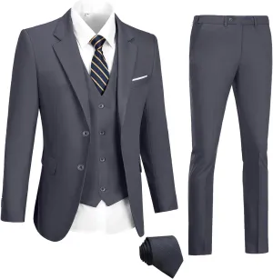 Mens Suits 3 Pieces 2 Button Slim Fit Suit Tuxedo Prom Formal Jacket Blazer Vest Pants with Tie
