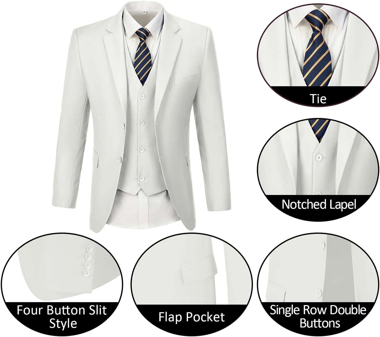 Mens Suits 3 Pieces 2 Button Slim Fit Suit Tuxedo Prom Formal Jacket Blazer Vest Pants with Tie