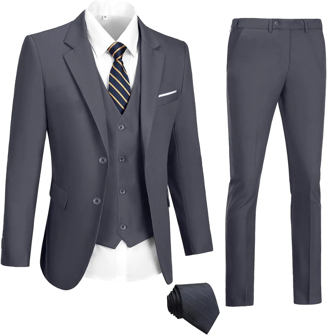 Mens Suits 3 Pieces 2 Button Slim Fit Suit Tuxedo Prom Formal Jacket Blazer Vest Pants with Tie