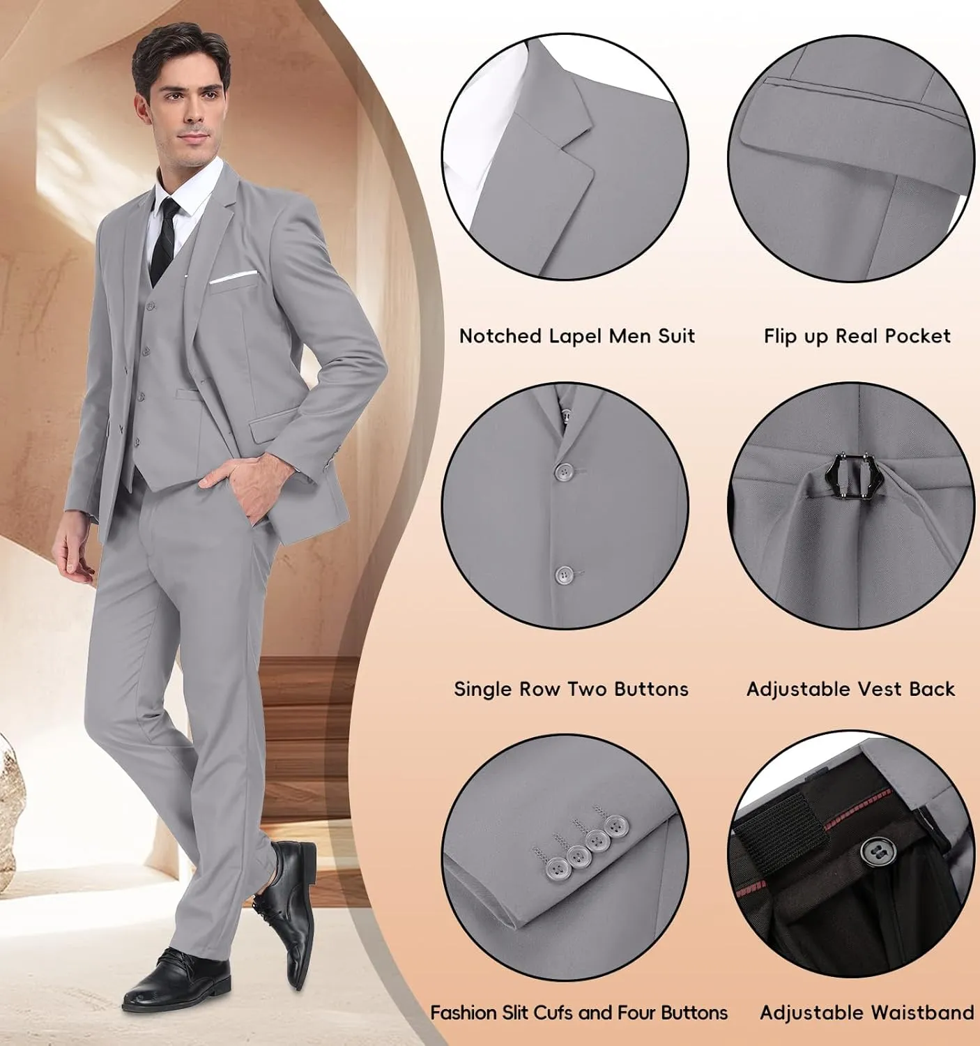 Mens Suits 3 Pieces 2 Button Slim Fit Suit Tuxedo Prom Formal Jacket Blazer Vest Pants with Tie