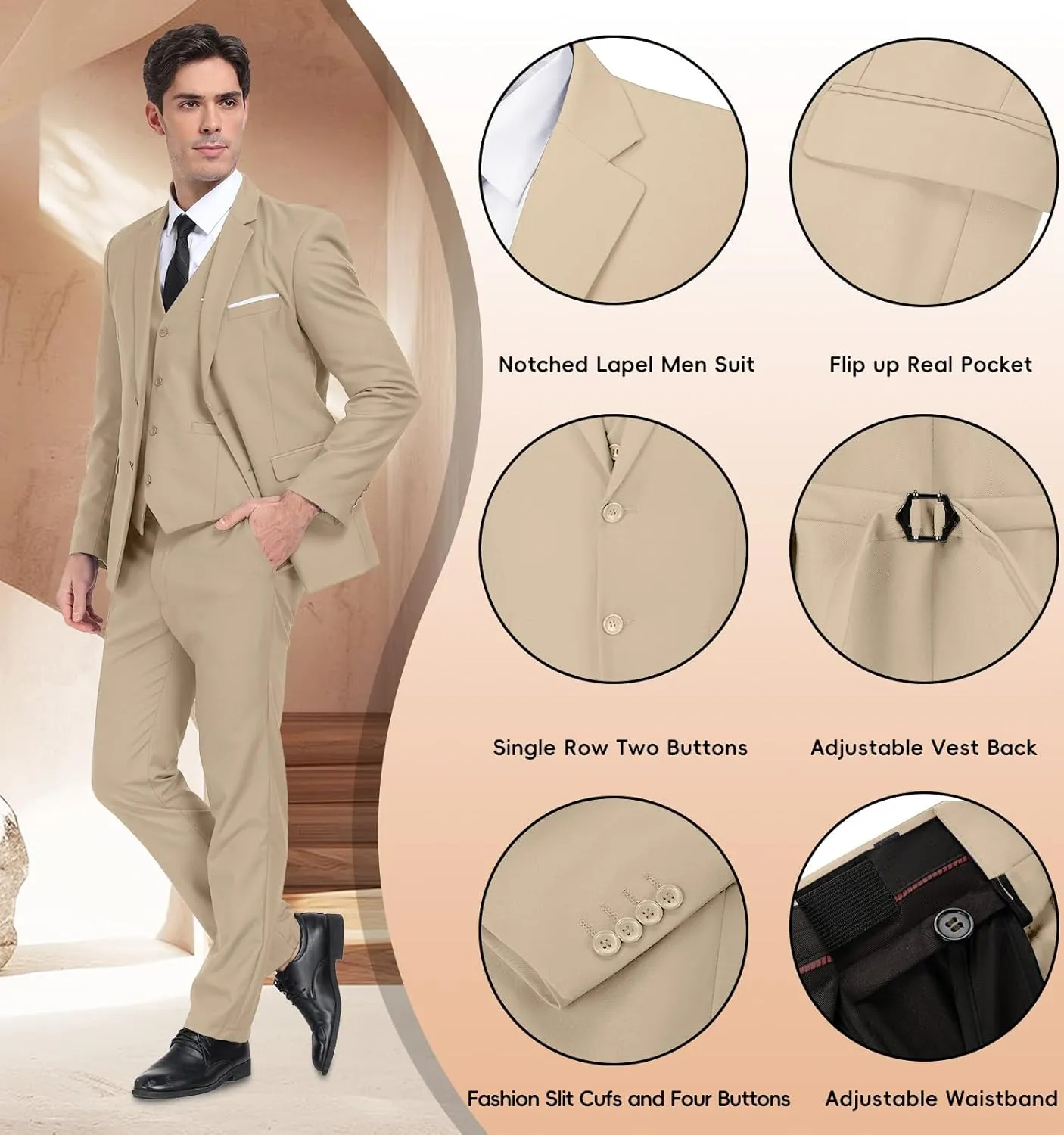 Mens Suits 3 Pieces 2 Button Slim Fit Suit Tuxedo Prom Formal Jacket Blazer Vest Pants with Tie