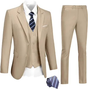 Mens Suits 3 Pieces 2 Button Slim Fit Suit Tuxedo Prom Formal Jacket Blazer Vest Pants with Tie