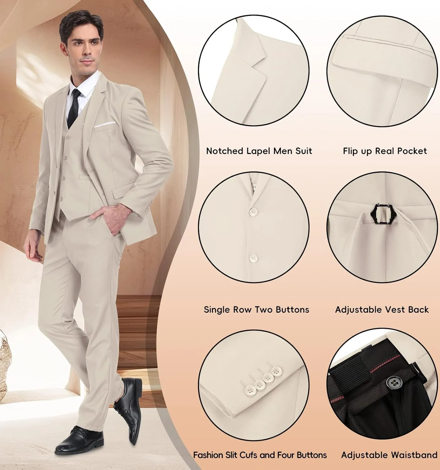 Mens Suits 3 Pieces 2 Button Slim Fit Suit Tuxedo Prom Formal Jacket Blazer Vest Pants with Tie