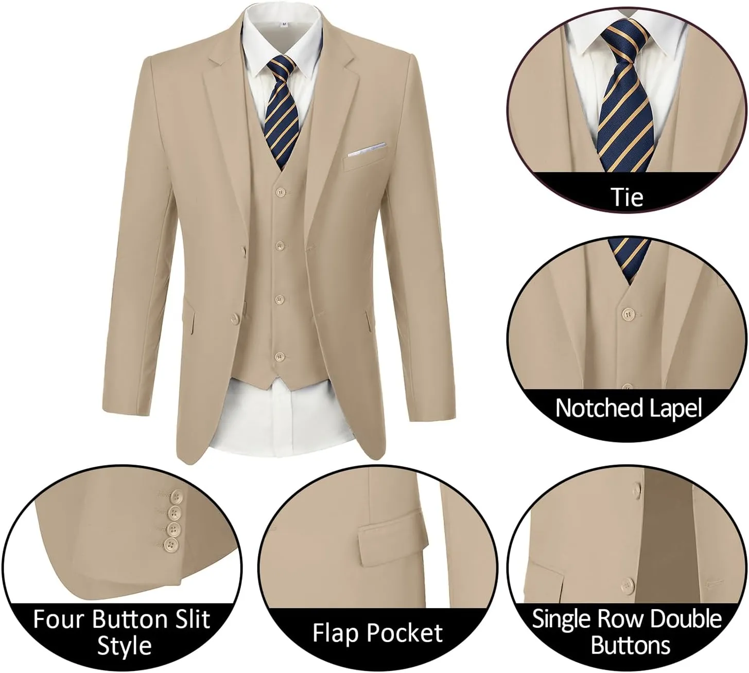 Mens Suits 3 Pieces 2 Button Slim Fit Suit Tuxedo Prom Formal Jacket Blazer Vest Pants with Tie