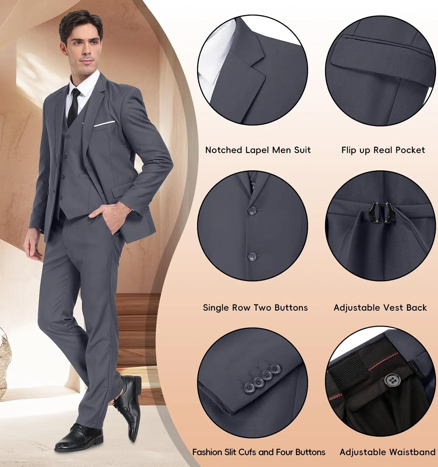 Mens Suits 3 Pieces 2 Button Slim Fit Suit Tuxedo Prom Formal Jacket Blazer Vest Pants with Tie