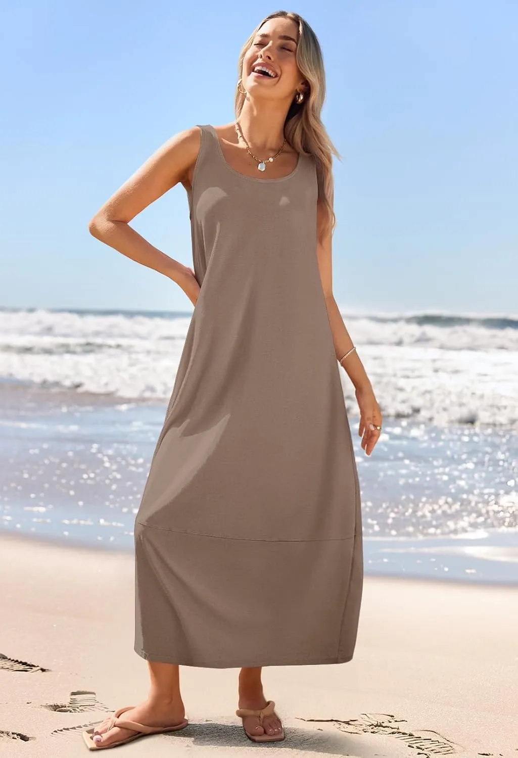 MEROKEETY Women's Casual Maxi Sundress 2025 Summer Beach Dress Scoop Neck Sleeveless Loose Tank Dress
