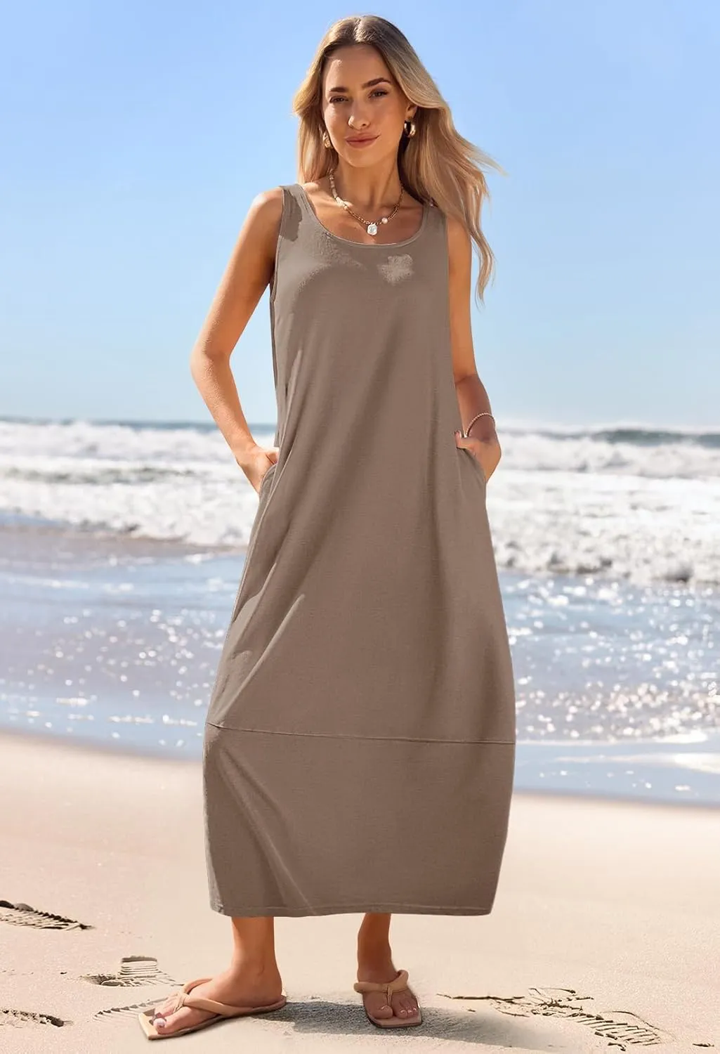 MEROKEETY Women's Casual Maxi Sundress 2025 Summer Beach Dress Scoop Neck Sleeveless Loose Tank Dress
