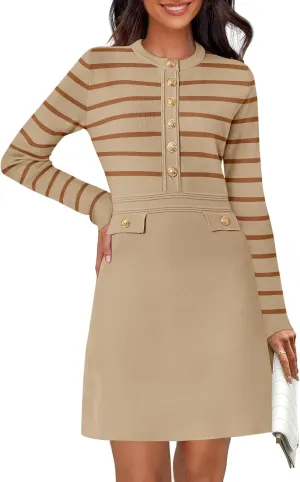 MEROKEETY Women's Long Sleeve Striped Sweater Dress Button Crewneck Fall Bodycon Formal Mini Dresses