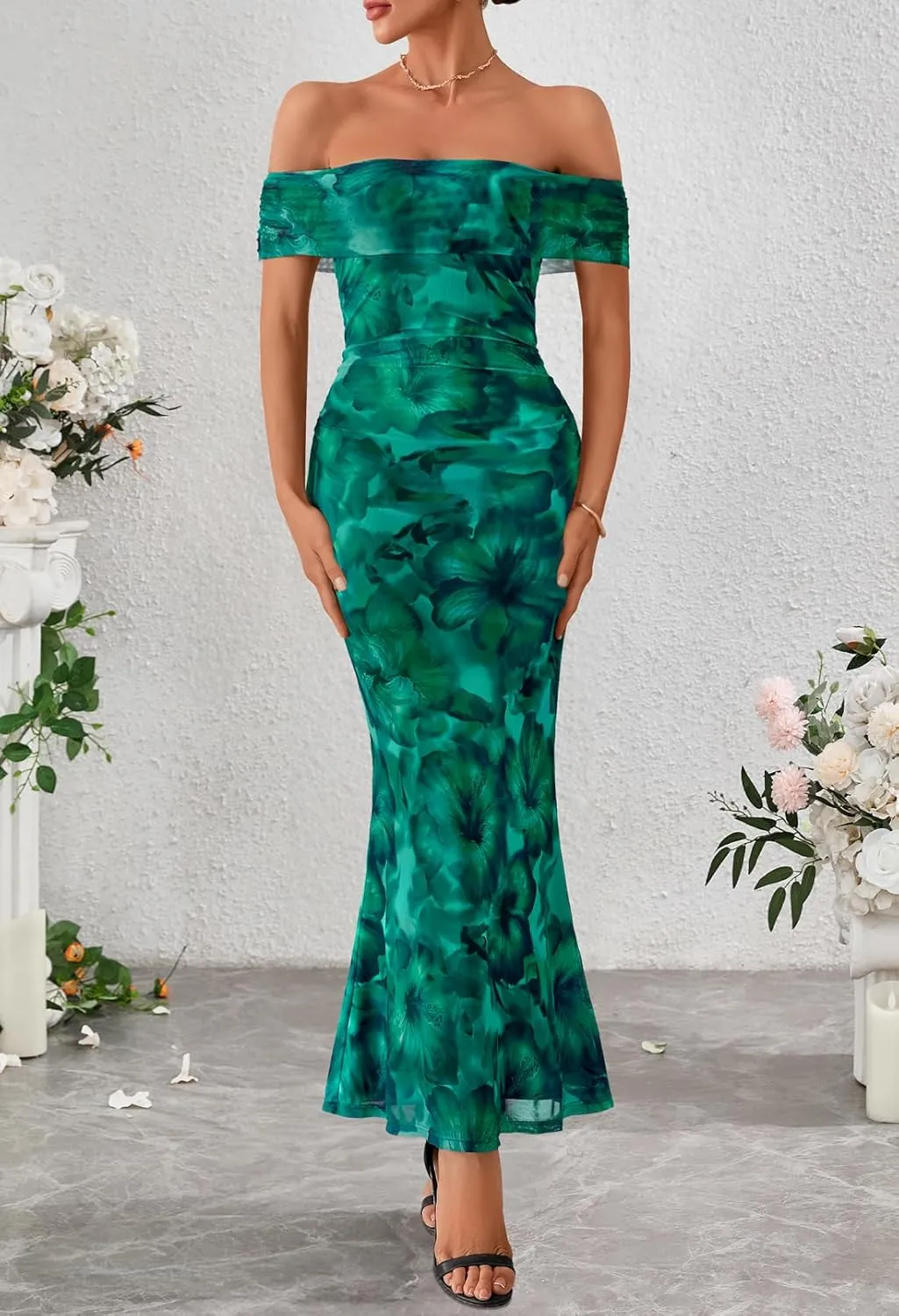 MEROKEETY Women's Summer Off Shoulder Floral Maxi Dress 2025 Formal Wedding Guest Cocktail Bodycon Dresses