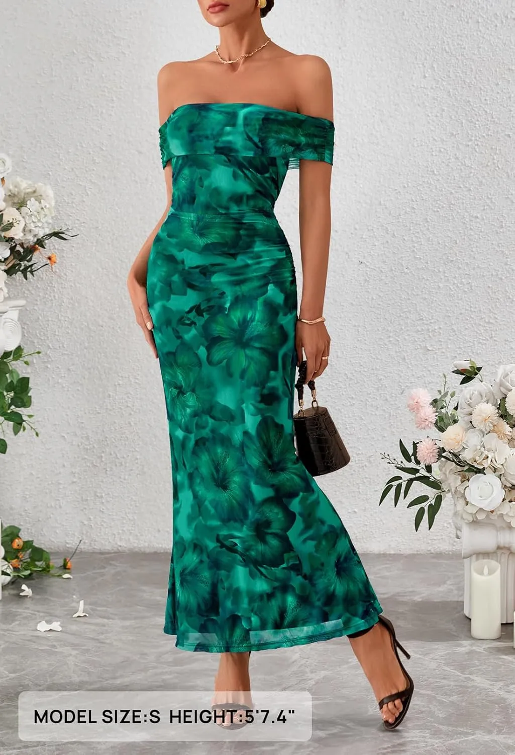 MEROKEETY Women's Summer Off Shoulder Floral Maxi Dress 2025 Formal Wedding Guest Cocktail Bodycon Dresses