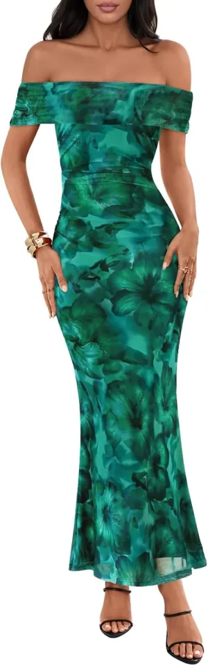 MEROKEETY Women's Summer Off Shoulder Floral Maxi Dress 2025 Formal Wedding Guest Cocktail Bodycon Dresses