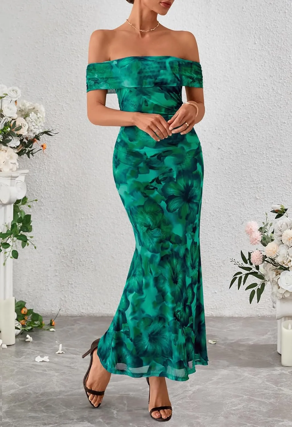 MEROKEETY Women's Summer Off Shoulder Floral Maxi Dress 2025 Formal Wedding Guest Cocktail Bodycon Dresses