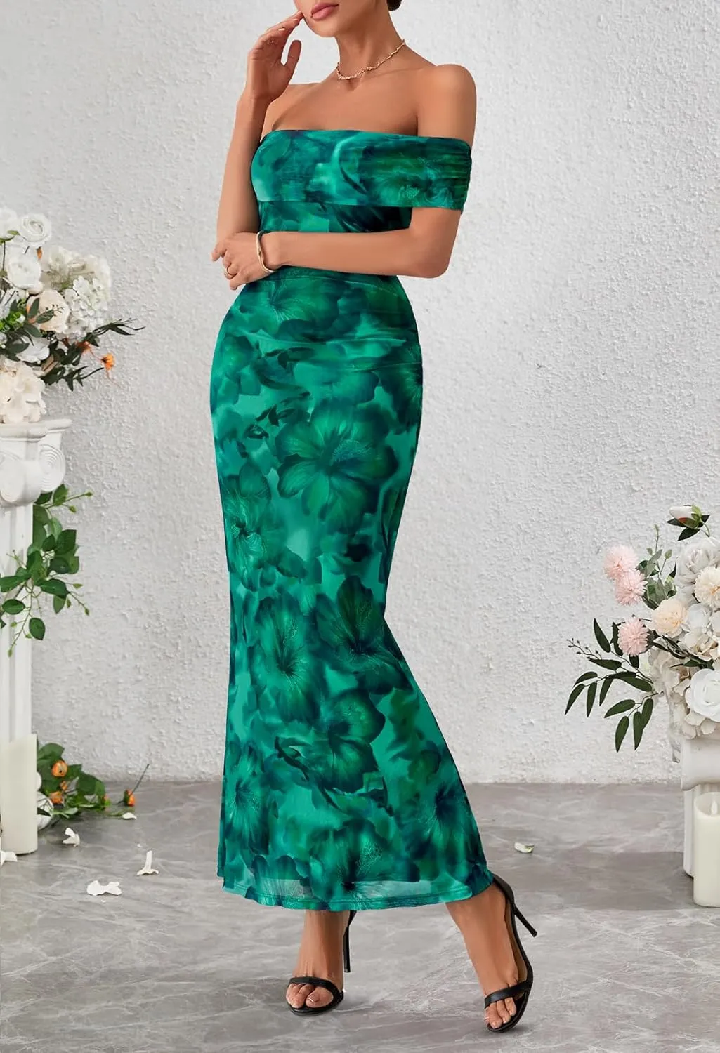 MEROKEETY Women's Summer Off Shoulder Floral Maxi Dress 2025 Formal Wedding Guest Cocktail Bodycon Dresses