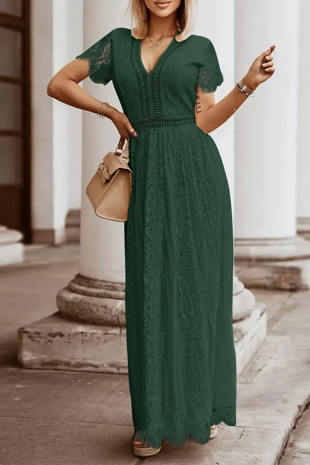 MEROKEETY Women's V Neck Short Sleeve Floral Lace Wedding Dress Bridesmaid Cocktail Party Maxi Dress