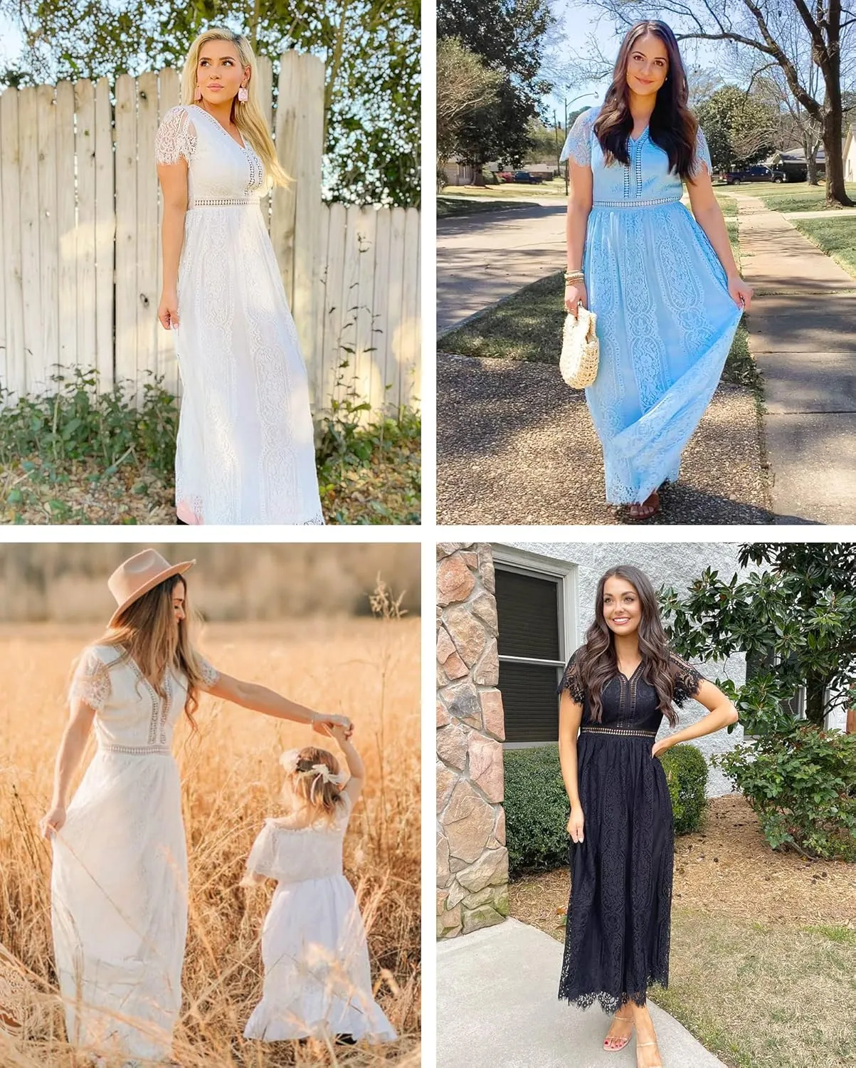 MEROKEETY Women's V Neck Short Sleeve Floral Lace Wedding Dress Bridesmaid Cocktail Party Maxi Dress