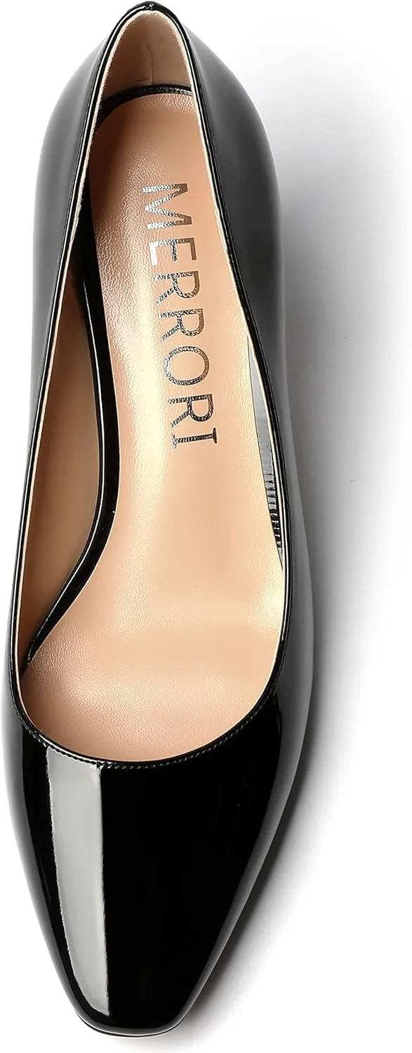 MERRORI Women's Patent Square Toe Slip On Solid Stiletto Mid Heel Pumps Shoes 2.5 Inch