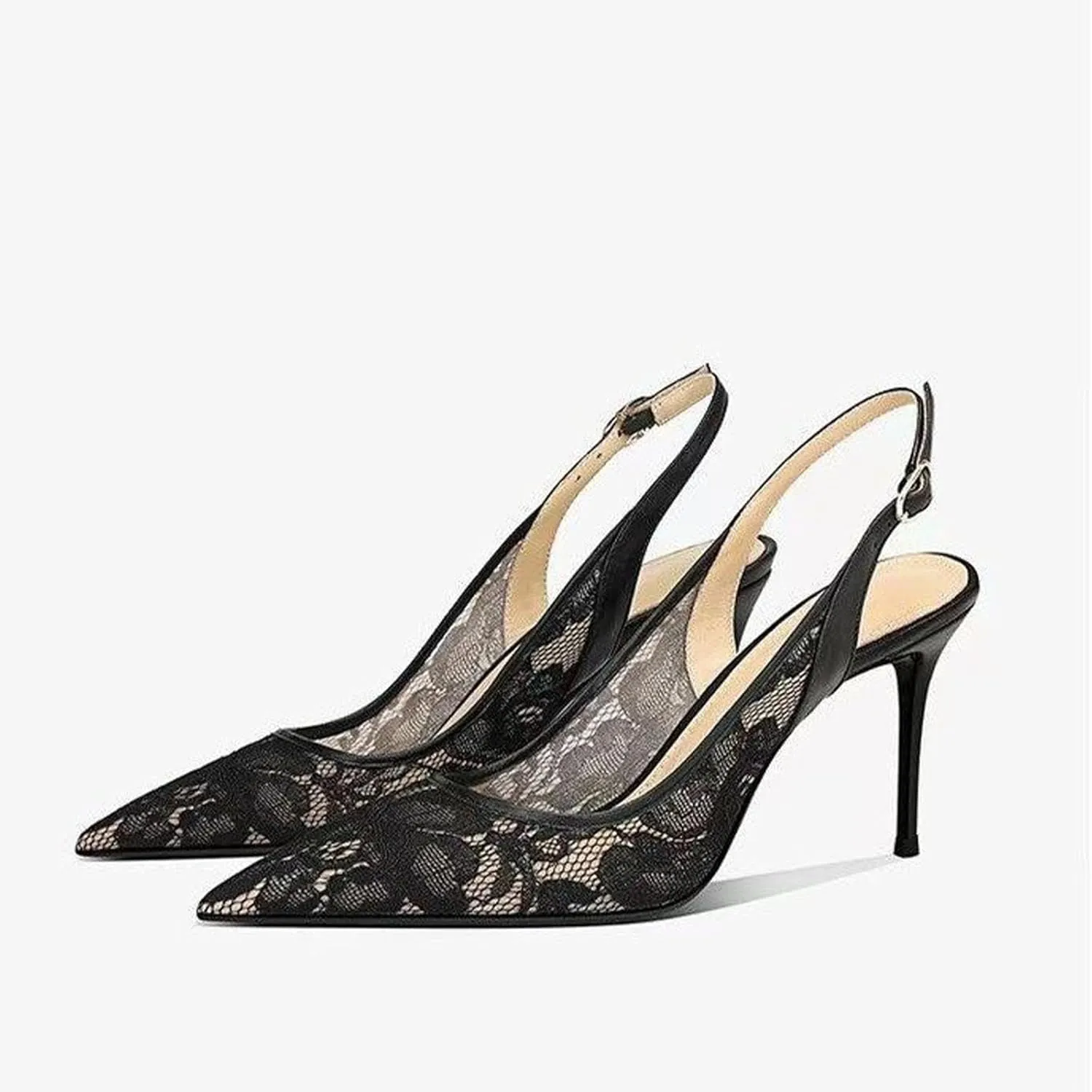 Mesh Floral Embroidered Slingback Heels Closed Toe Pointed Toe Stiletto Heels For Women