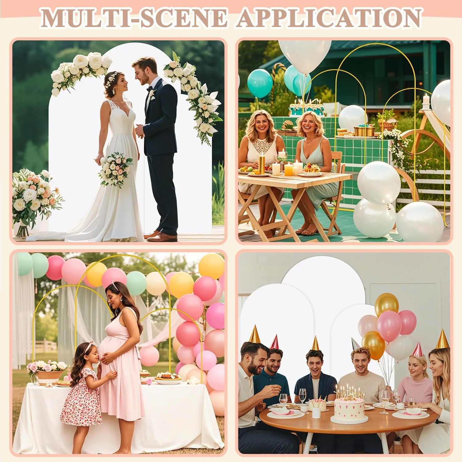 Metal Arch Backdrop Stand Set of 3 With Cover 6FT, 5FT, 4FT Gold Metal Balloon Arch Stand White Spandex Arch Backdrop Cover Wedding Arched Frame for Graduation Birthday Reception Garden Decor