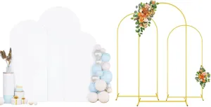 Metal Arch Backdrop Stand Set of 3 With Cover 6FT, 5FT, 4FT Gold Metal Balloon Arch Stand White Spandex Arch Backdrop Cover Wedding Arched Frame for Graduation Birthday Reception Garden Decor
