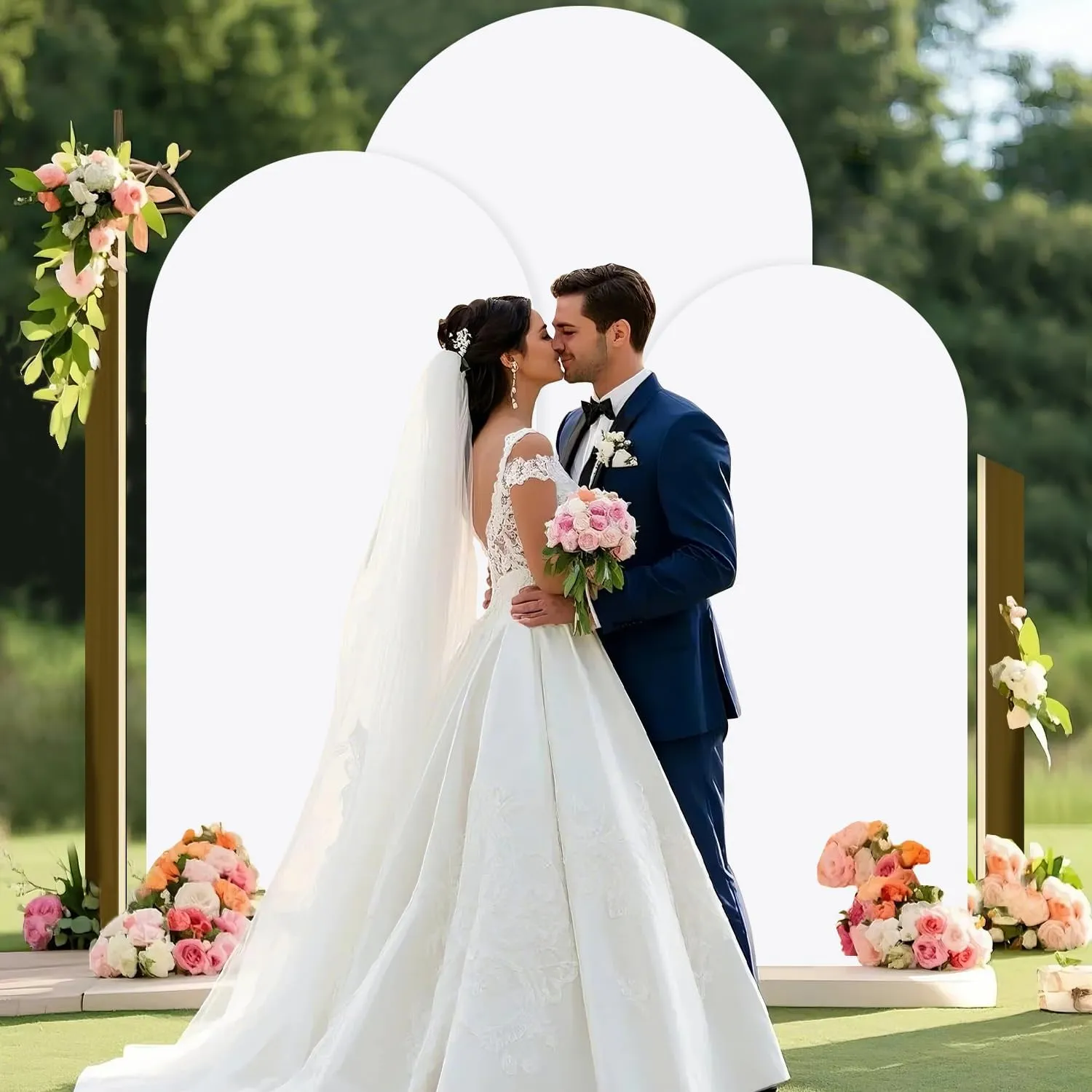Metal Arch Backdrop Stand Set of 3 With Cover 6FT, 5FT, 4FT Gold Metal Balloon Arch Stand White Spandex Arch Backdrop Cover Wedding Arched Frame for Graduation Birthday Reception Garden Decor