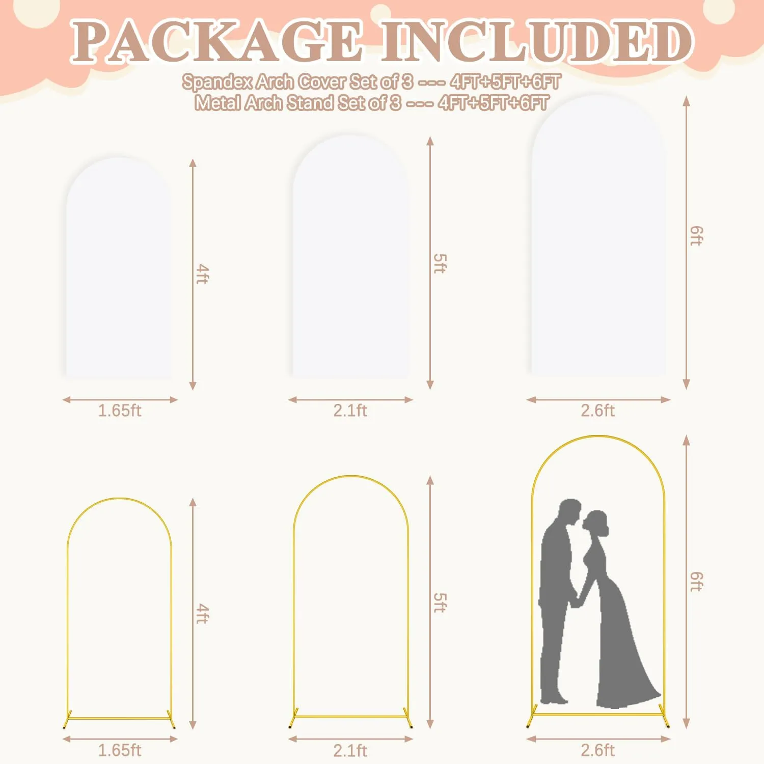 Metal Arch Backdrop Stand Set of 3 With Cover 6FT, 5FT, 4FT Gold Metal Balloon Arch Stand White Spandex Arch Backdrop Cover Wedding Arched Frame for Graduation Birthday Reception Garden Decor