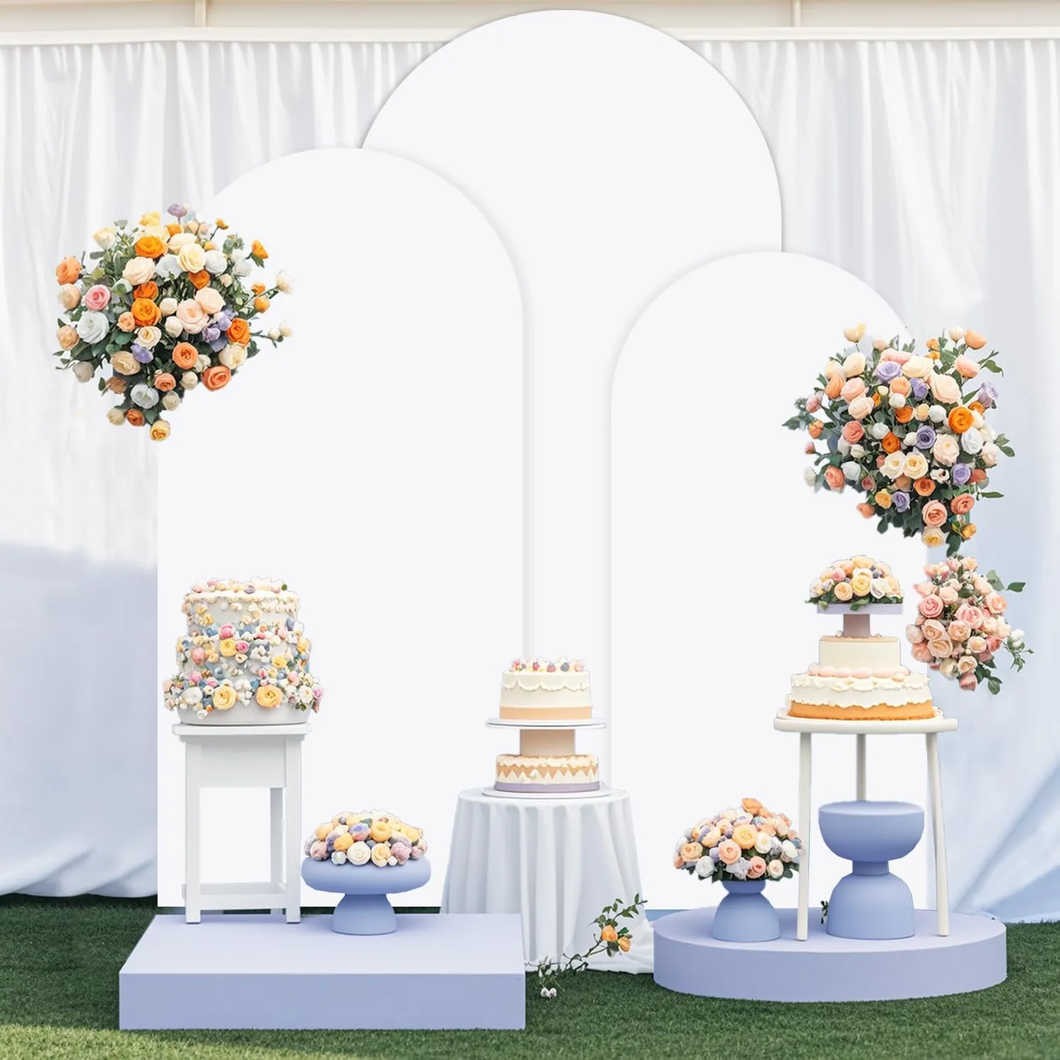 Metal Arch Backdrop Stand Set of 3 With Cover 6FT, 5FT, 4FT Gold Metal Balloon Arch Stand White Spandex Arch Backdrop Cover Wedding Arched Frame for Graduation Birthday Reception Garden Decor
