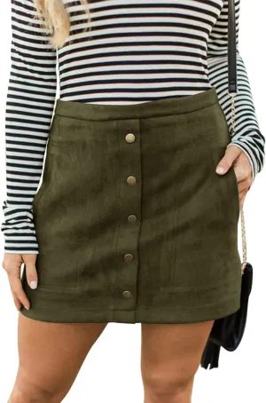 Meyeeka Women's Button Front Faux Suede High Waist A-line Mini Skirt with Pocket