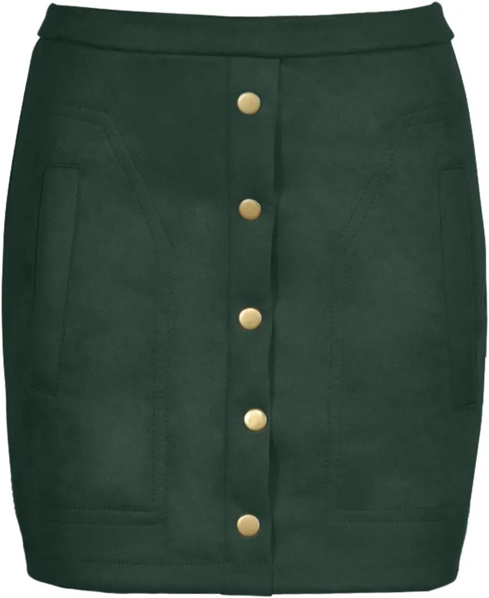 Meyeeka Women's Button Front Faux Suede High Waist A-line Mini Skirt with Pocket